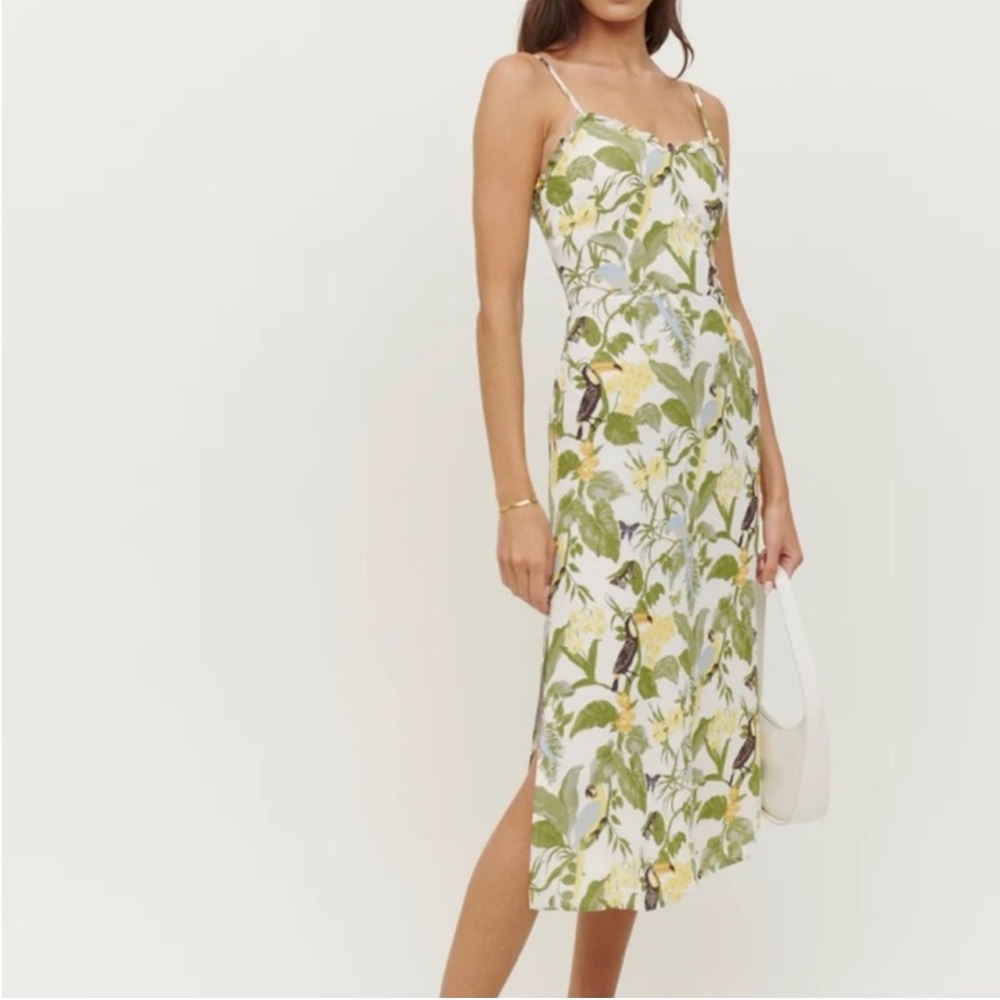 Reformation White and Green Tropical Cassandra Slit Midi Sundress